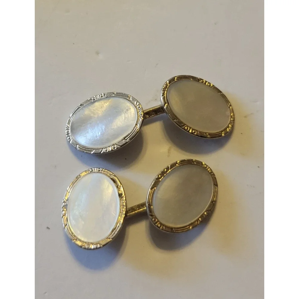 Vintage Clark Cuffllinks Silver Tone Mother of‎ Pearl Inlay Oval Elegant Jewelry
